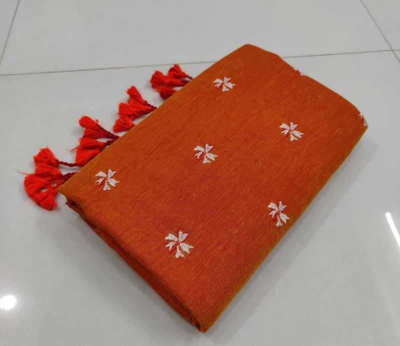 Parbati fashion Embroidered Handloom Cotton Blend Saree(Orange)
