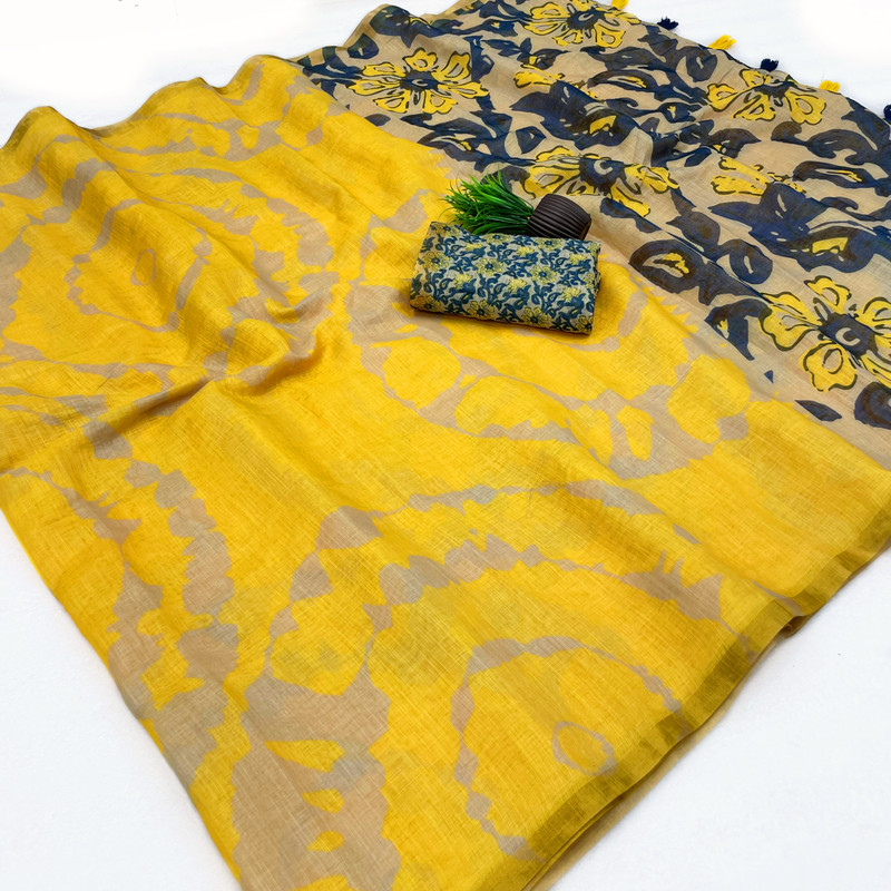 nirave fashion Printed Daily Wear Cotton Linen Saree(Yellow)