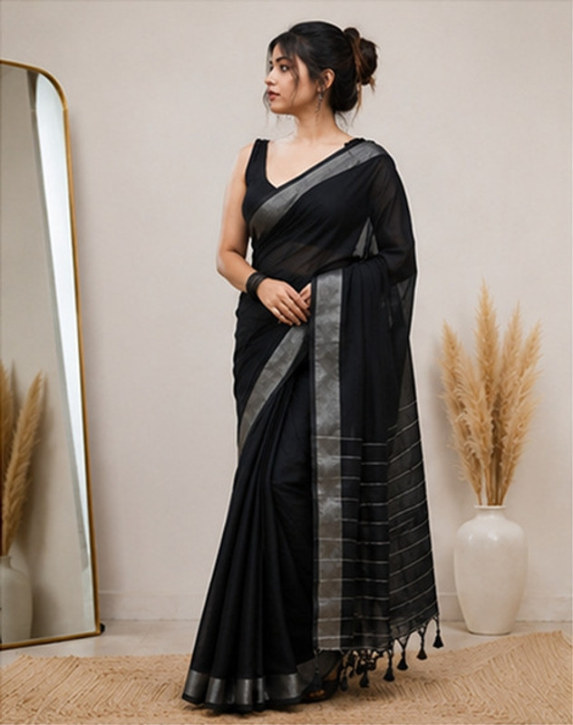 SRINJAN FASHION Solid/Plain Daily Wear Handloom Cotton Linen Saree(Black)