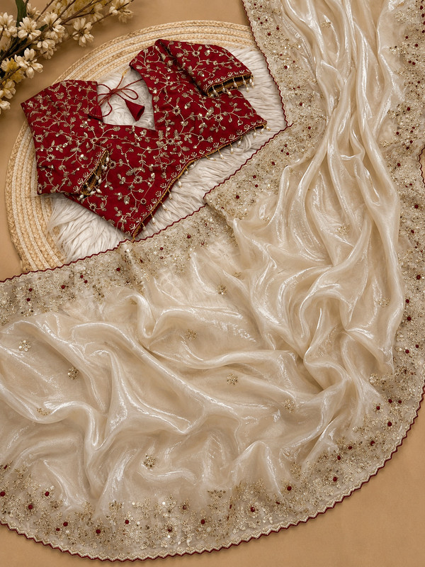 Latavastra Embroidered, Embellished, Floral Print Banarasi Jimmy Jimmy, Chiffon Saree(Cream, Maroon)