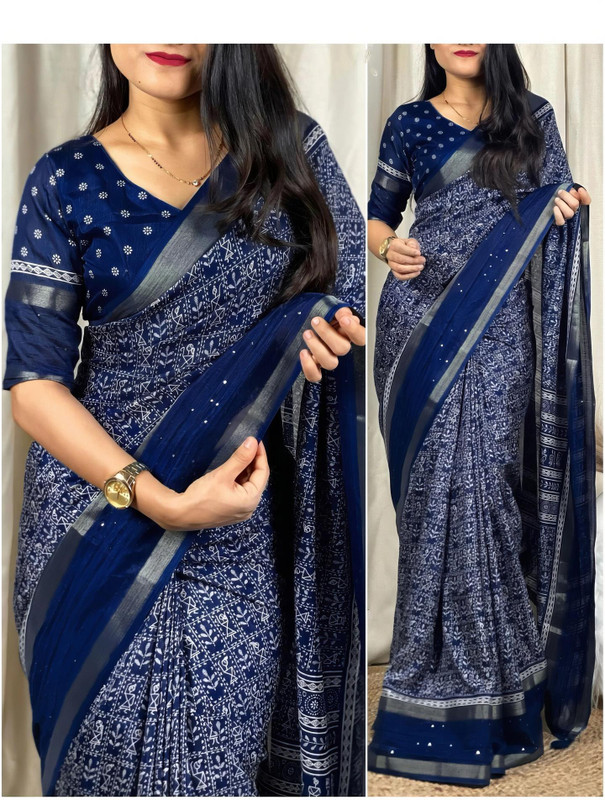 Sonika Fashions Printed Kalamkari Cotton Silk Saree(Dark Blue)
