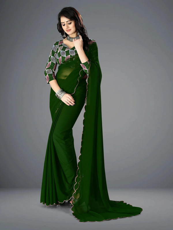 JenaFashion Solid/Plain Kanjivaram Silk Blend Saree(Green)