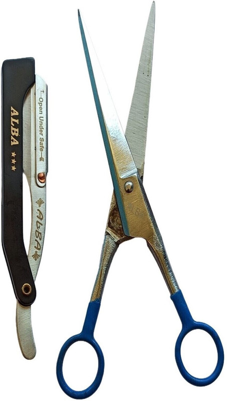 ALBA Textile Razor and Scissor | Shaving Razor for Men | Barber Scissor | Salon Tools | Scissors(Set of 2, Multicolor)