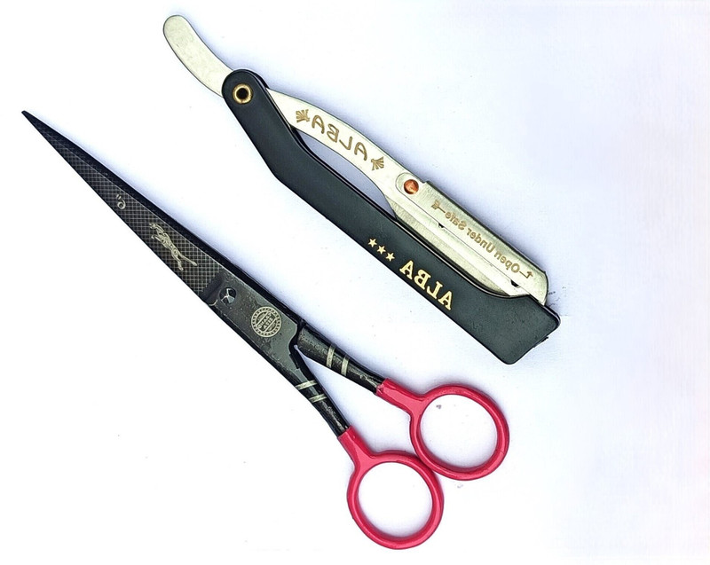 ALBA Textile Barber Professional Hair cutting Scissor and Razor Scissors(Set of 2, Black)