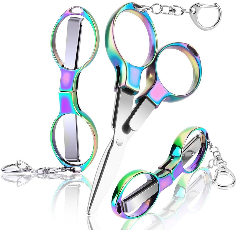 ORTIZA Foldable Stainless Steel Mini Badge Scissors for Travel Sewing Craft Use Scissors(Set of 3, color)