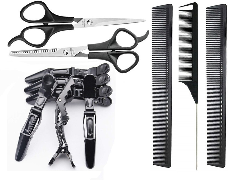 CombZone Hair Cutting Scissors Set with Combs , Hair clips For Personal and Professional Scissors(Set of 3, Black)