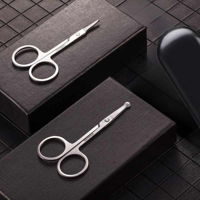 HEZON Beard Mustache Eyebrow Trimmer New Stainless Steel Set with Storage Box Scissors(Set of 2, SLIVER AE)