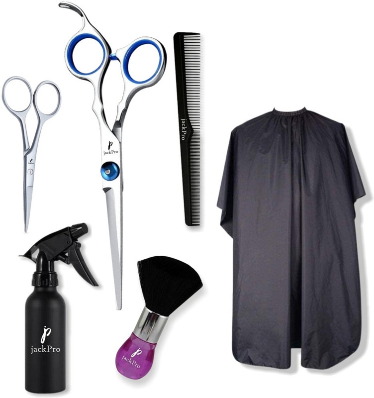 jackPro Barber kit: Hair Cutting Scissors 500ml Spray bottles, Hair duster, Aprons,Comb Scissors(Set of 6, Silver)