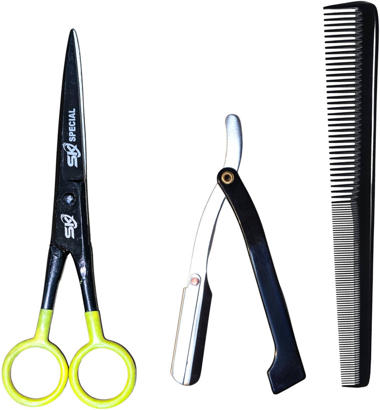SAZIC Professional Barber Combo Set 6" Inch Hair Cutting Scissor, Razor & Comb for Men Scissors(Set of 1, Yellow, Black)