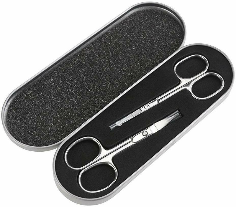 PROBEROS Nose Scissors Beard Mustache Eyebrow Trimmer Stainless Steel Set with Box Scissors(Set of 2, Silver)