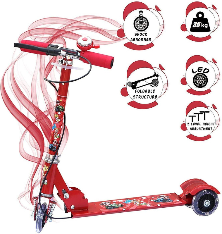 Shreeganesh 3 Wheeler Foldable Kick Skating Cycle with Brake and Bell with Light up Wheels Kids Scooter(Red, Pack of 1)