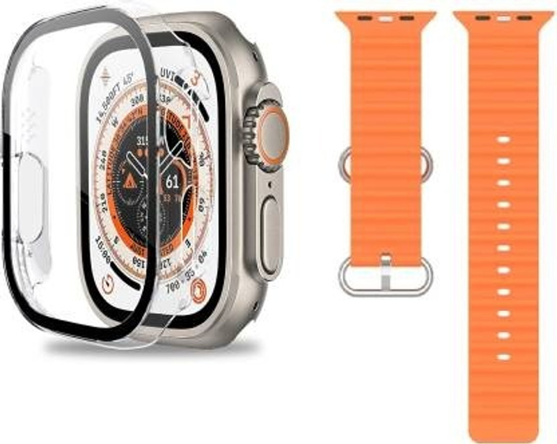 Aenoko Front and Back Tempered Glass for Apple Watch Ultra 49mm with Orange Strap, 49MM Ultra Watch Case Cover with Screen Protector Temper Glass & Orange Strap Compatible with Apple Watch Series 8 49MM Transparent [Hard CASE](Pack of 1)
