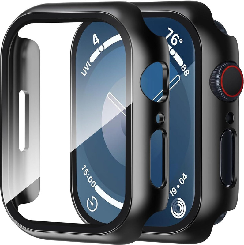 DPJ Tempered Glass Guard for Apple Watch 44mm Series SE 6 5 4 44mm Case [Full Protection], with 9H Tempered Glass Screen Protector [Touch Sensitive] Slim Bumper Protective Cover 44mm, Black(Pack of 2)