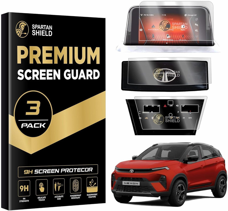 spartan shield Screen Guard for TATA NEXON 2023, 10.25 INCH INFOTAINMENT [Round Corners] +7 INCH INSTRUMENT CLUSTER + STEERING + AC PANEL Protector, Anti Scratch | Water Resistant | Nexon Creative+ Creative+S Car Digital Display Accessories [Not Tempered Glass](Pack of 4)