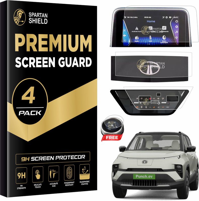 spartan shield Screen Guard for NEW TATA PUNCH EV 2023 FACELIFT || 7 INCH INFOTAINMENT + STEERING CLUSTER + AC CLUSTER + GEAR KNOB Guard | Punch.EV Car Stereo Digital Display Accessories 2024 [Not Tempered Glass](Pack of 4)