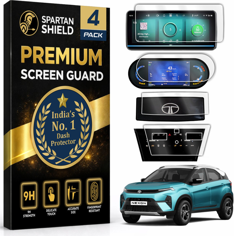 spartan shield Screen Guard for TATA NEXON 2026 Facelift || Creative Plus PS - 1.2 Petrol, CNG, 1.5 Diesel & DCA || 10.25 INCH INFOTAINMENT [ROUNDED CORNERS] + 7 inches MID + AC PANEL + STEERING CLUSTER Protector || Anti Scratch | Water Resistant | HD Clarity || Nexon Car Display Accessories 2025+ [