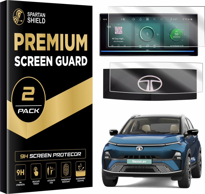 spartan shield Screen Guard for TATA NEXON 2023, 10.25 INCH INFOTAINMENT [Round Corners] +7 INCH INSTRUMENT CLUSTER + STEERING + AC PANEL Protector, Anti Scratch | Water Resistant | Nexon Creative+ Creative+S Car Digital Display Accessories [Not Tempered Glass](Pack of 4)