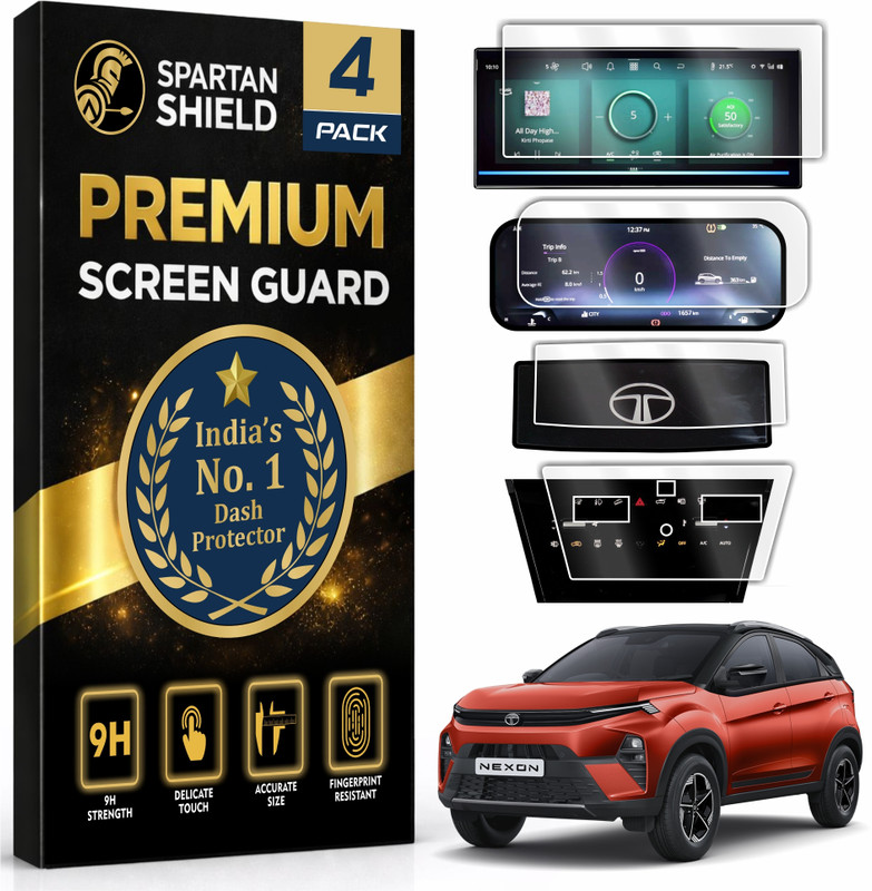 spartan shield Screen Guard for TATA NEXON 2026 Facelift [4 PACK] || Fearless + PS, DK & RDK || 10.25 INCH INFOTAINMENT [THIN CORNERS] + 10 inches MID + AC PANEL + STEERING CLUSTER Protector || Anti Scratch | Water Resistant | HD Clarity || Nexon Top Model Car Display Accessories 2025+ [Not Tempered