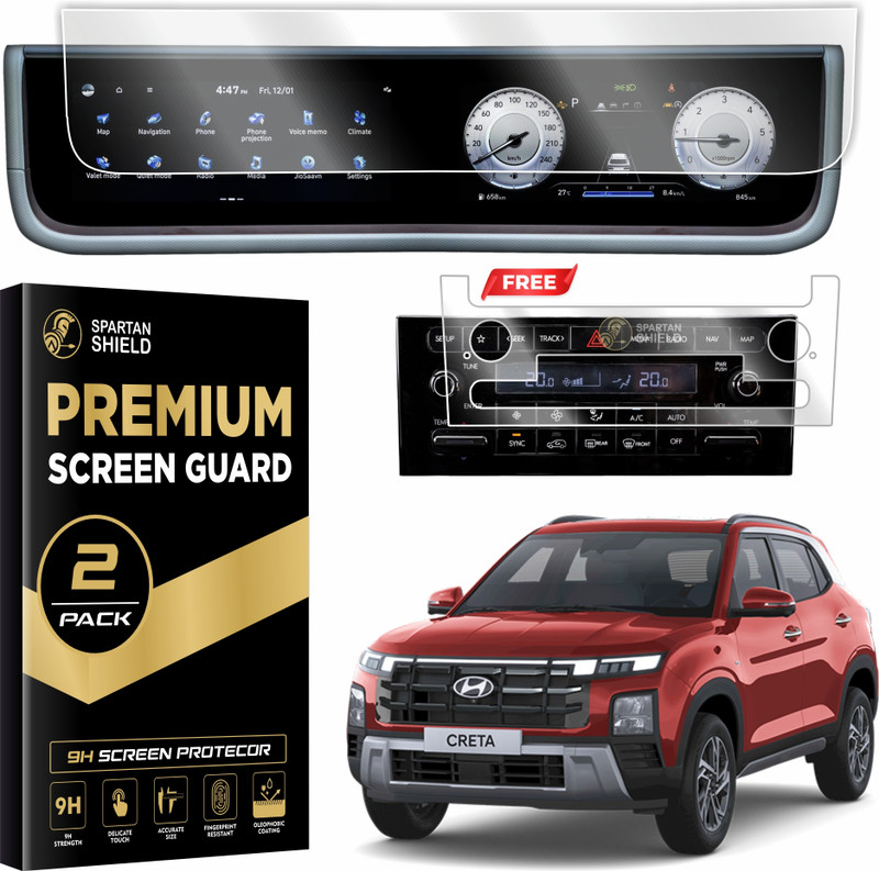 spartan shield Screen Guard for HYUNDAI CRETA 2024 FACELIFT, DUAL FULL TOUCHSCREEN INFOTAINMENT + AC Panel Guard | SX SXTech SXO Anti Scratch Car Display Accessories [Not Tempered Glass](Pack of 2)