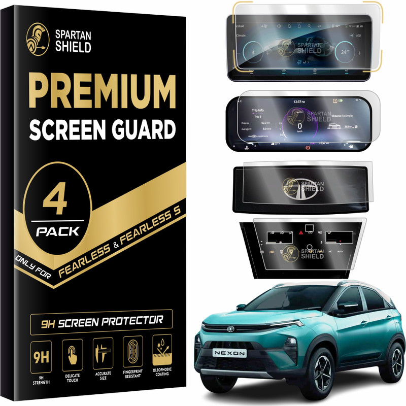 spartan shield Screen Guard for NEW TATA CURVV EV 2024 || 10.25 INCH INFOTAINMENT [THIN CORNERS] + INSTURMENT CLUSTER + STEERING + AC PANEL Protector || Curve.EV Accomplished & Accomplished+S Car Digital Display Accessories [Not Tempered Glass](Pack of 4)