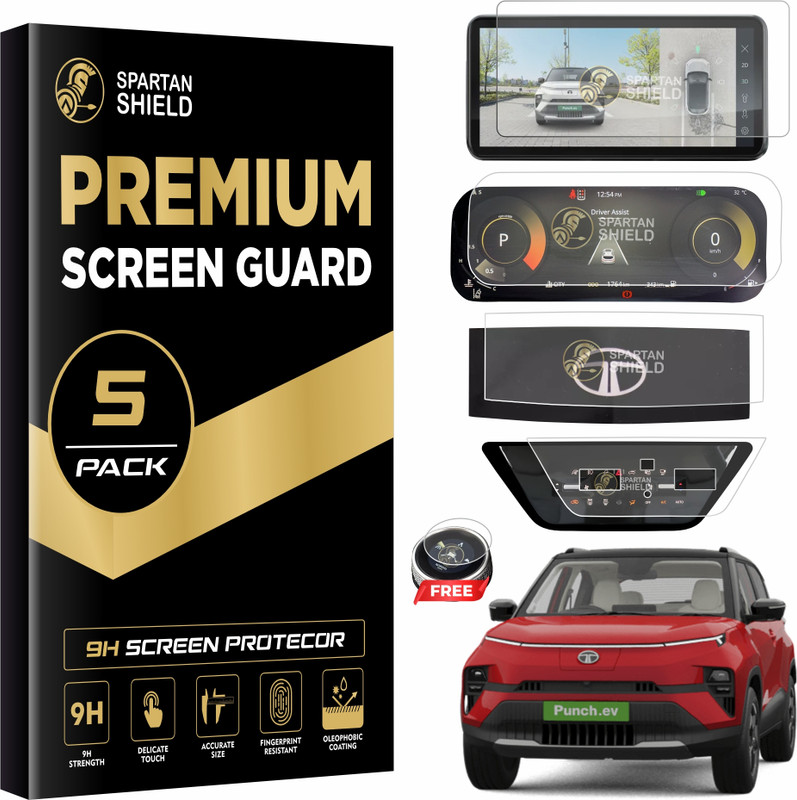 spartan shield Screen Guard for NEW TATA PUNCH EV 2023 FACELIFT, EMPOWERED & EMPOWERED+, 10.25 INCH INFOTAINMENT + INSTRUMENT CLUSTER + STEERING CLUSTER + AC CLUSTER + GEAR KNOB Guard | Punch.EV Car Stereo Digital Display Accessories 2024 [Not Tempered Glass](Pack of 5)