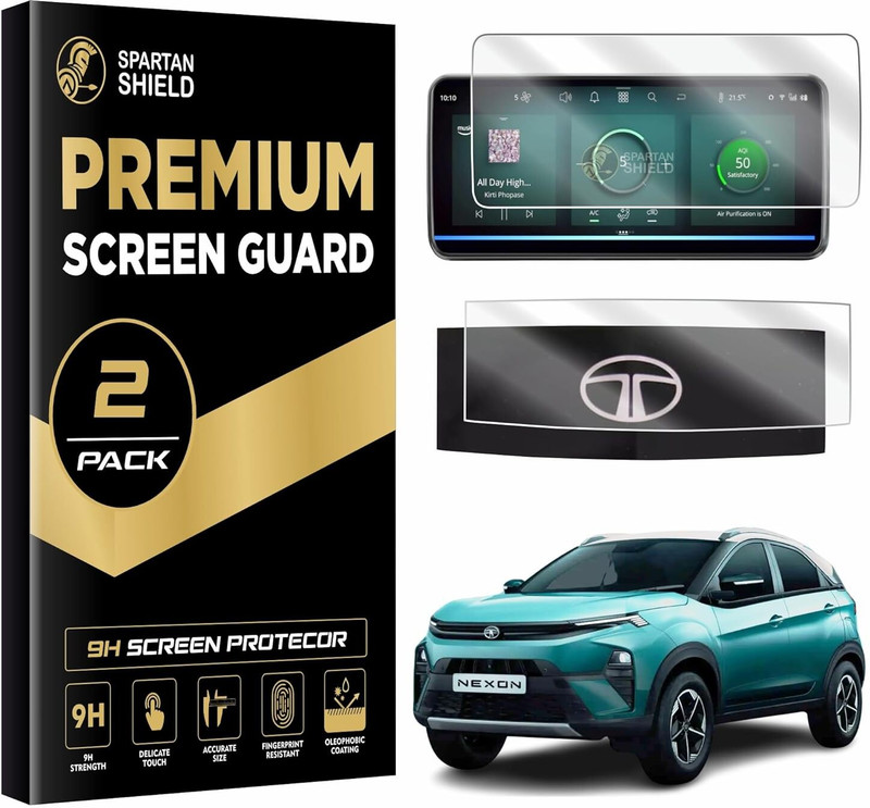 spartan shield Screen Guard for TATA NEXON 2023, 10.25 INCH INFOTAINMENT [Round Corners] +7 INCH INSTRUMENT CLUSTER + STEERING + AC PANEL Protector, Anti Scratch | Water Resistant | Nexon Creative+ Creative+S Car Digital Display Accessories [Not Tempered Glass](Pack of 4)