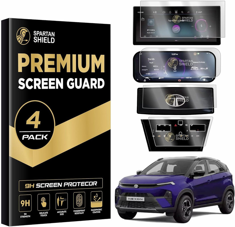 spartan shield Screen Guard for TATA NEXON 2023 FACELIFT | 10.25 INCH INFOTAINMENT Display [Thin Bezels] + STEERING + INSTRUMENT CLUSTER + AC PANEL Protector [Not Tempered Glass] (Fearless+ Fearless+S)(Pack of 4)