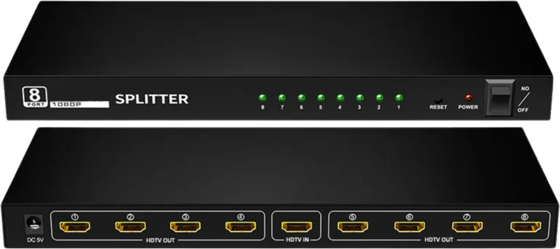 Octec 8-Port HDMI Splitter 1 In 8 Out, 4K@30Hz HDMI-Compatible Video Duplicator Media Streaming Device(Black)