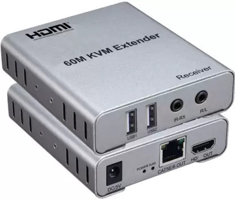 ULTRABYTES HDMI Extender 60m with KVM Audio Output IR Control Support USB Media Streaming Device(Silver)