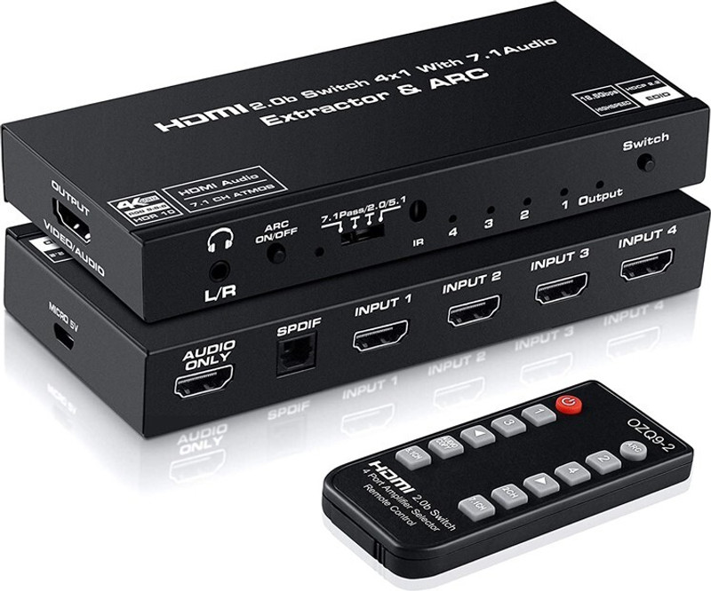 Tobo HDMI 2.0 Switch 4x1 4K60HZ HDCP2.2with Audio Extractor 3.5 jack optical cable 64 inch Blu-ray Player(Black)