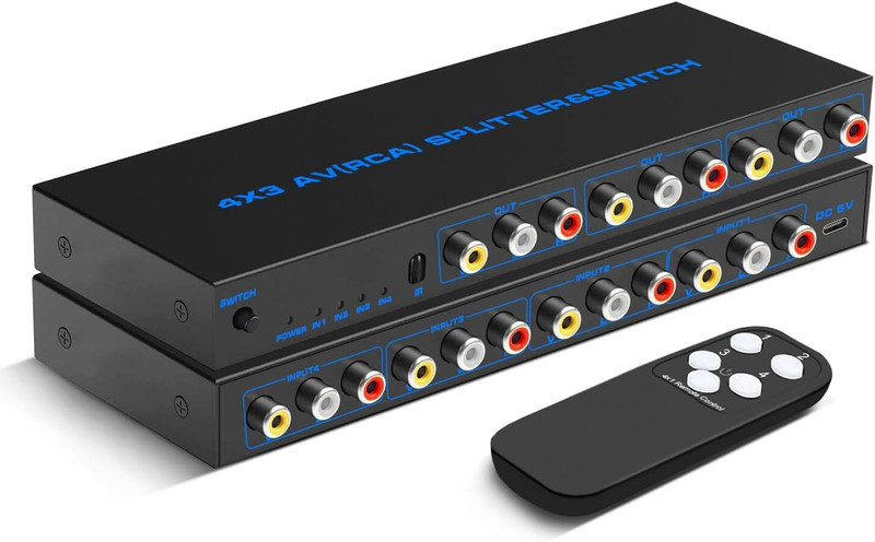 microware RCA Switch AV Splitter,4 in 3 Out Composite for DVD,PS2,PS3,Game Consoles Media Streaming Device(Black)