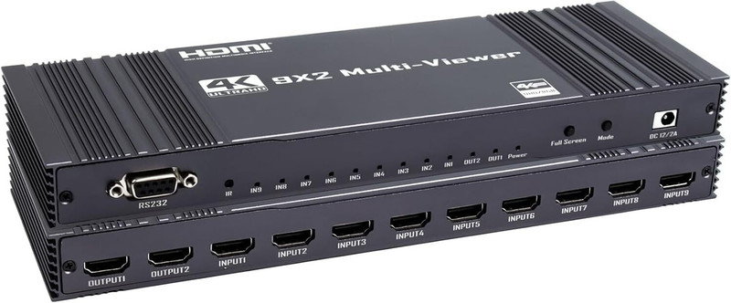 Etzin 4K HDMI Multiviewer 9X2 with PIP Screen 9HDMI in 2HDMI Out Seamless Switch Media Streaming Device(Black)