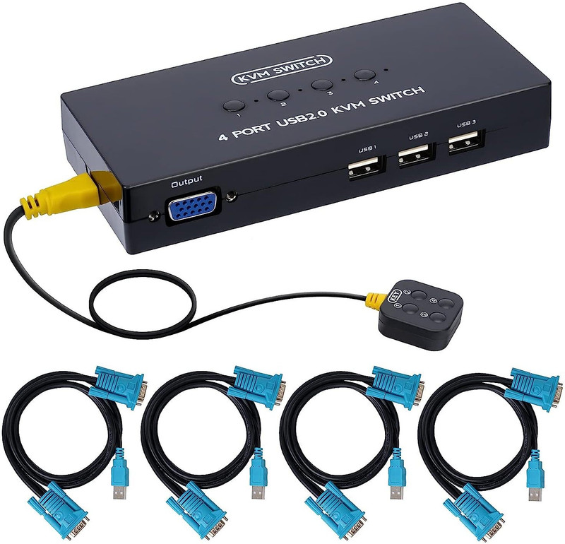microware VGA KVM Switch 4 Port, for 4 Computers Share 1 Monitor 3 USB Devices Media Streaming Device(Black)
