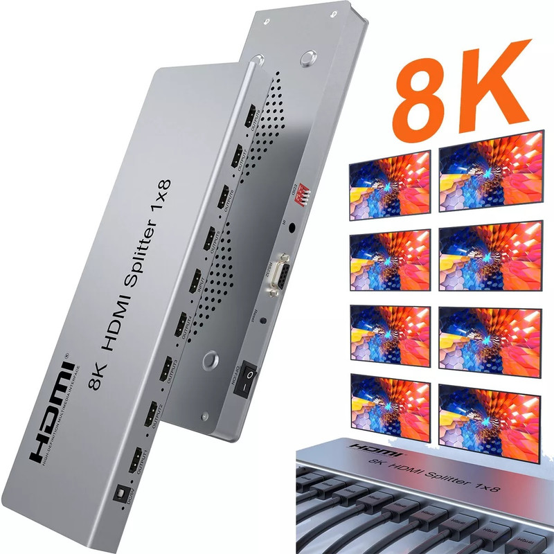 microware 8K 60Hz HDMI Splitter 1 in 8 Out 1x8 Video Distributor Converter EDID 3D Display Media Streaming Device(Grey)