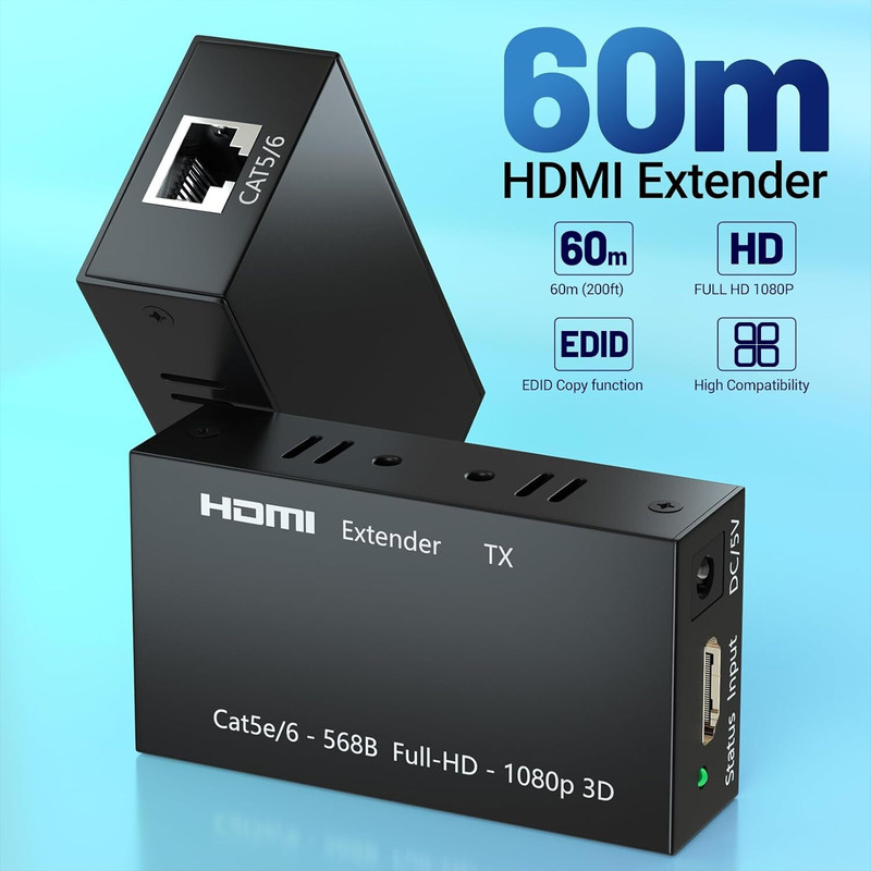 microware HDMI Extender Up to 60 Meters/196ft, 1080P HDMI Transmitter and Receiver Media Streaming Device(Black)