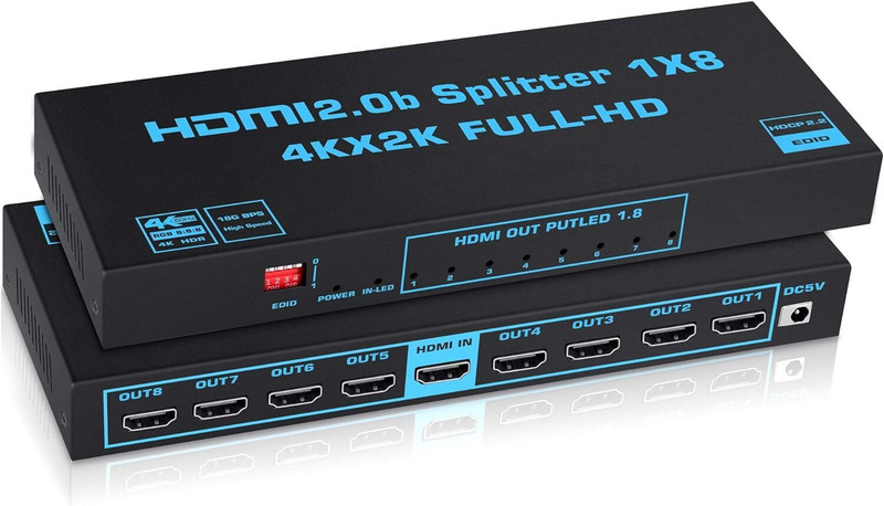 microware 1x8 HDMI Splitter with EDID,4K@60Hz Support 3D HDCP2.2,RGB8:8:8,18.5Gbps for tv Media Streaming Device(Black)