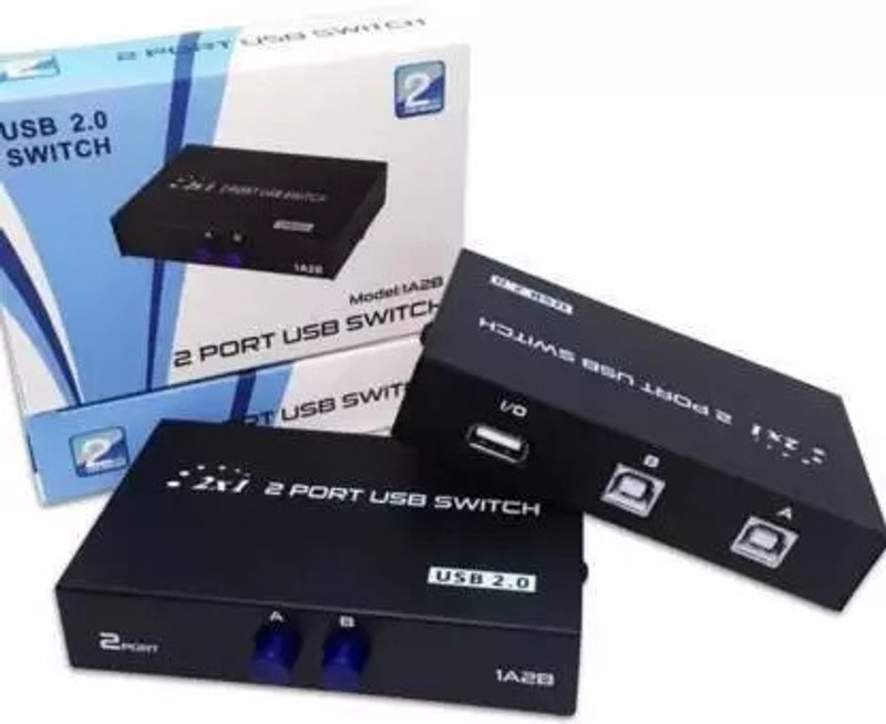 ULTRABYTES 2 Port USB Switch Adapter, USB 2.0 Printer Sharing USB Switch Box Media Streaming Device(Black)
