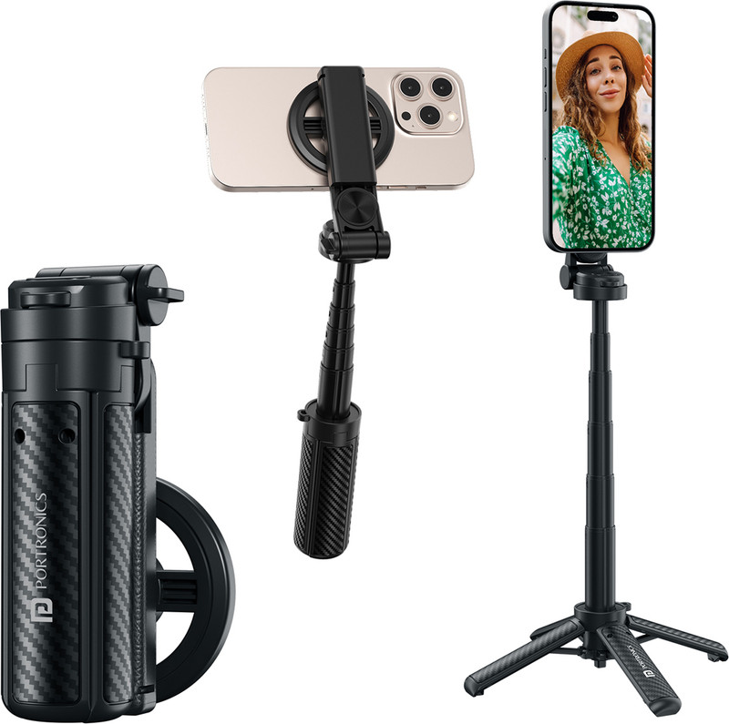 Portronics Lumistick Snap, Magnetic Selfie Stick with Quadripod Stand & Bluetooth Remote Bluetooth Selfie Stick(Black, Remote Included)