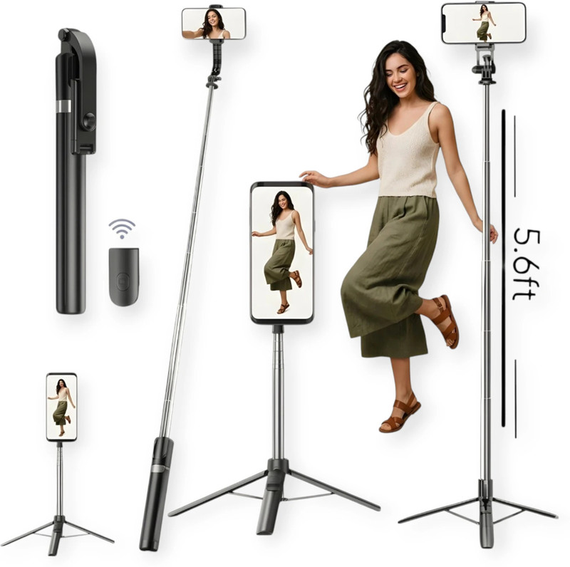 Hold up 67Inch/ 170cm Long Selfie Stick Tripod Stand with Wireless Remote, Long Tripod Stand with 360° Rotation, Compatible with Mobile/GoPro for Travel,Compatible with iPhone and All Smartphones Bluetooth Selfie Stick(Black, Remote Included)