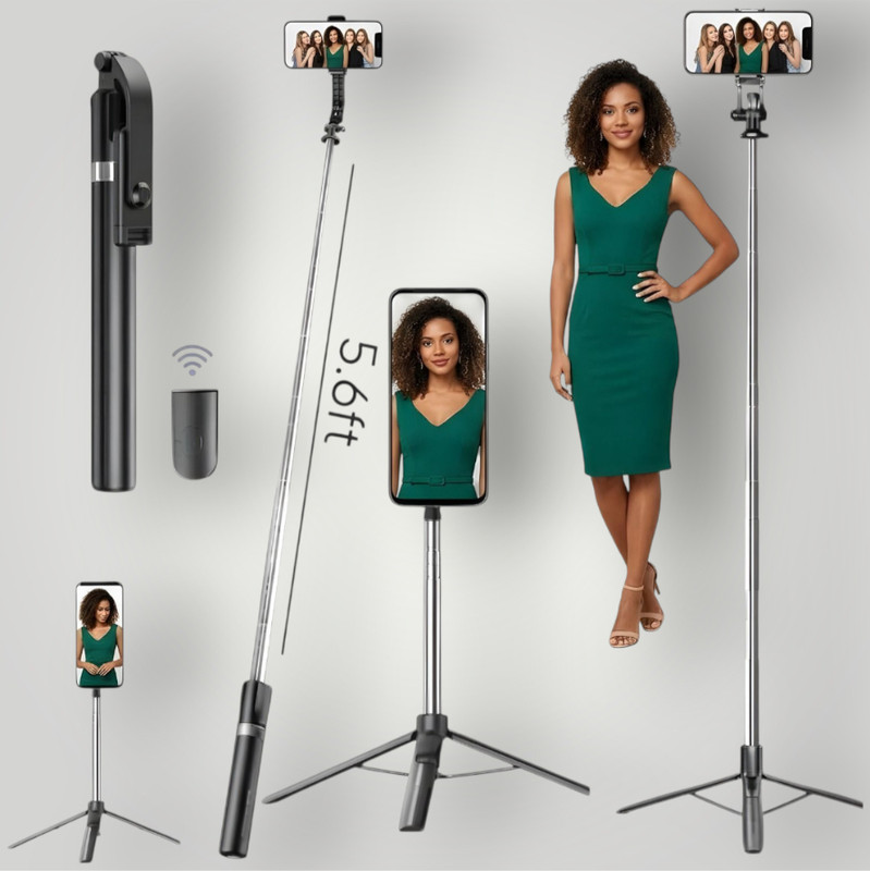 AIZINA New Design Selfie Stick 170cm Extendable Tripod Bluetooth Remote_E6 Bluetooth Selfie Stick(Black, Remote Included)