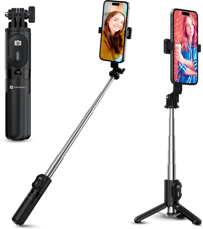 Portronics Lumistick Mini Multifunctional Selfie Stick with Detachable Remote/Tripod Stand Bluetooth Selfie Stick(Black, Remote Included)