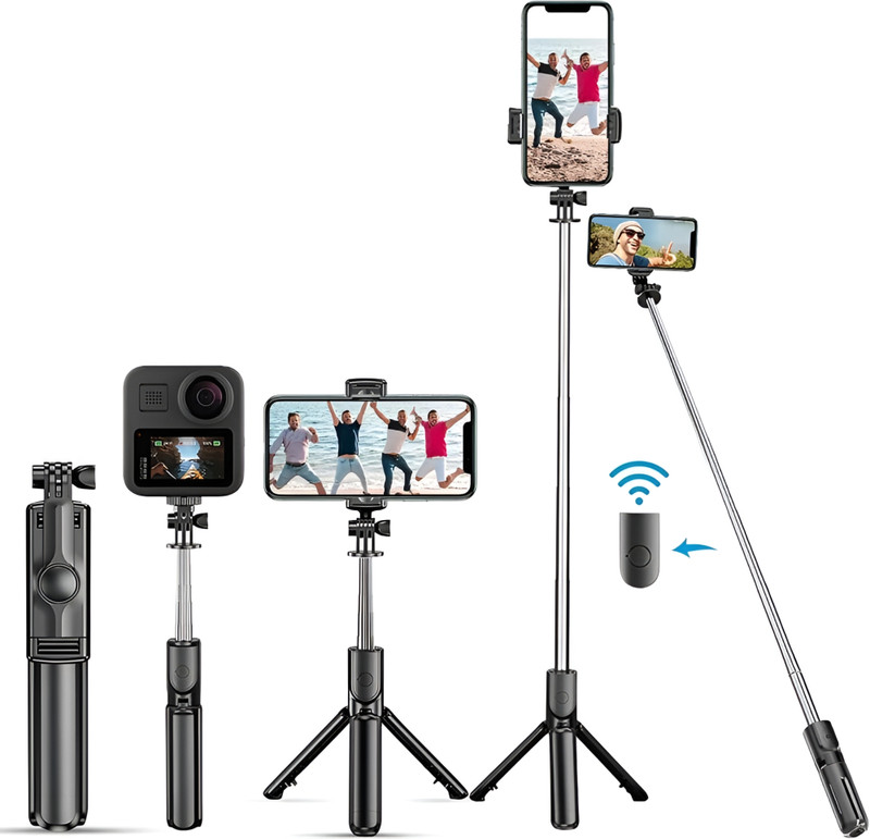 NAFA Foldable Selfie Stick Tripod (700mm) with Detachable Bluetooth Remote, 360° Rotatable Mobile Holder for Android & iPhone Bluetooth Selfie Stick(Black, Remote Included)
