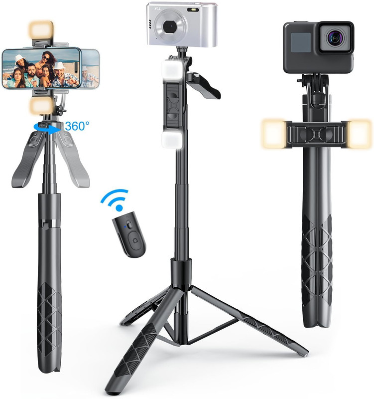 Hold up Extra Long Selfie Stick Tripod with Detachable LED Light,Stable Selfie Stick with Large Reinforced Tripod Stand Upto 61 inch/154 cm, Tripod Stand with Bluetooth Remote & 360° Rotation Bluetooth Selfie Stick(Black, Remote Included)