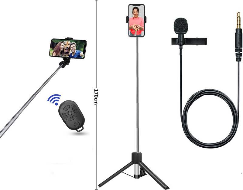 CROWNVIZ Selfie Stick Tripod All in One Professional 67'' Selfie Stick with Large Reinforced Tripod Stand Bluetooth Selfie Stick with Wireless Remote & Collar Mic Bluetooth Selfie Stick(Black with mic, Remote Included)