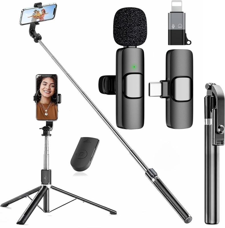 GADGETSWEAR wireless mic for youtuber, microphone wireless mic,selfie stick tripod, phone stand,stand mobile, Bluetooth Selfie Stick(Black, Remote Included)