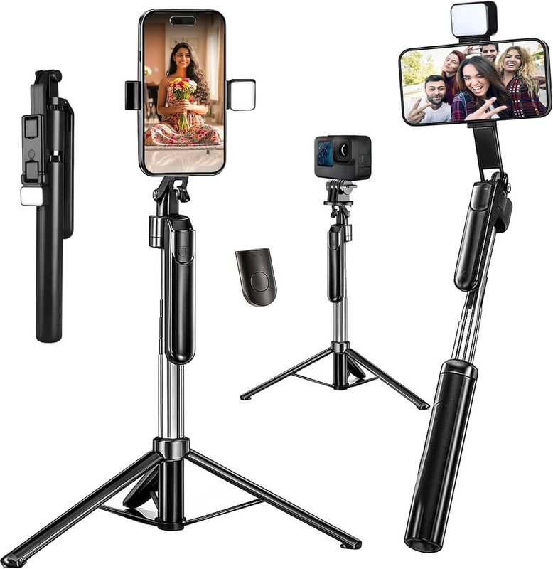 Flipkart SmartBuy R16S 67-Inch (170cm) Long Selfie Stick Tripod Stand with Built-in LED Flashlight, 360° Rotating Anti-Shake Handle, Adjustable Mobile Holder for Vlogging, Reels & Live Streaming Bluetooth Selfie Stick(Black, Remote Included)