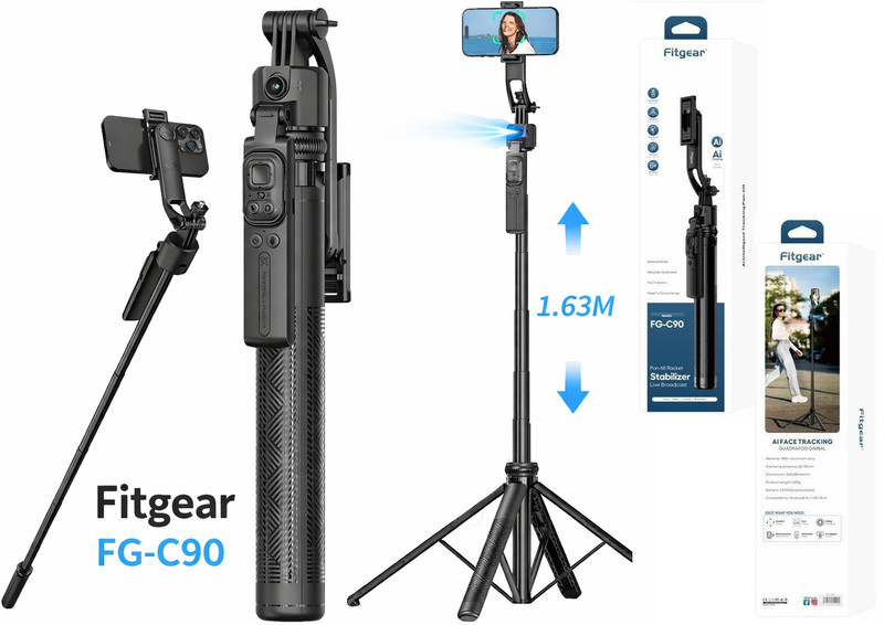 Fitgear FG-C90 AI Smart Tracking AntiShake Gimbal 1635mm long Selfie Stick QuadLeg Stand Tripod(Black, Supports Up to 1000 g)
