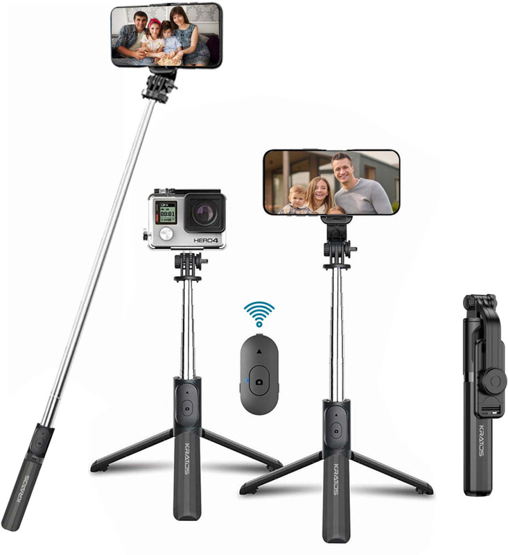 Kratos Selfie Stick Tripod | Bluetooth Remote | 100cm Extendable Pole | 360 Bluetooth Selfie Stick(Black, Remote Included)
