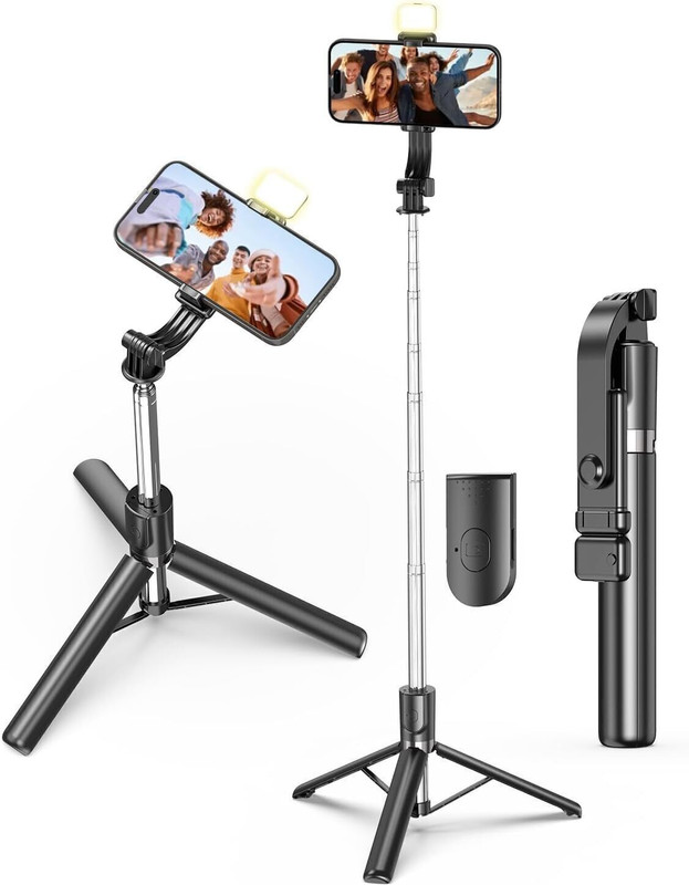 MAK 360° Rotatable Head, Rechargeable LED Light, Vlogging/Photography Bluetooth Selfie Stick(Upto 6Ft. Long Alluminium Rod, Black, Remote Included)