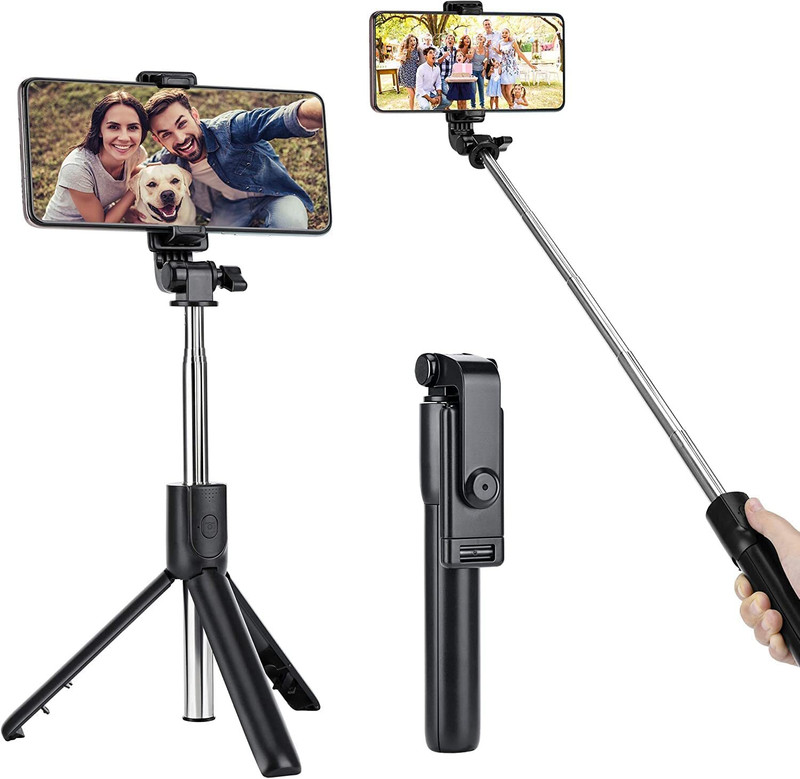 DSNS elfie Stick with Tripod Steel Stand 38 Inch Long with 7-Section Stable Base | Bluetooth Remote 3 in 1 Multifunctional Design for Vlogging, Photo Shoot Bluetooth Selfie Stick(Black, Remote Included)